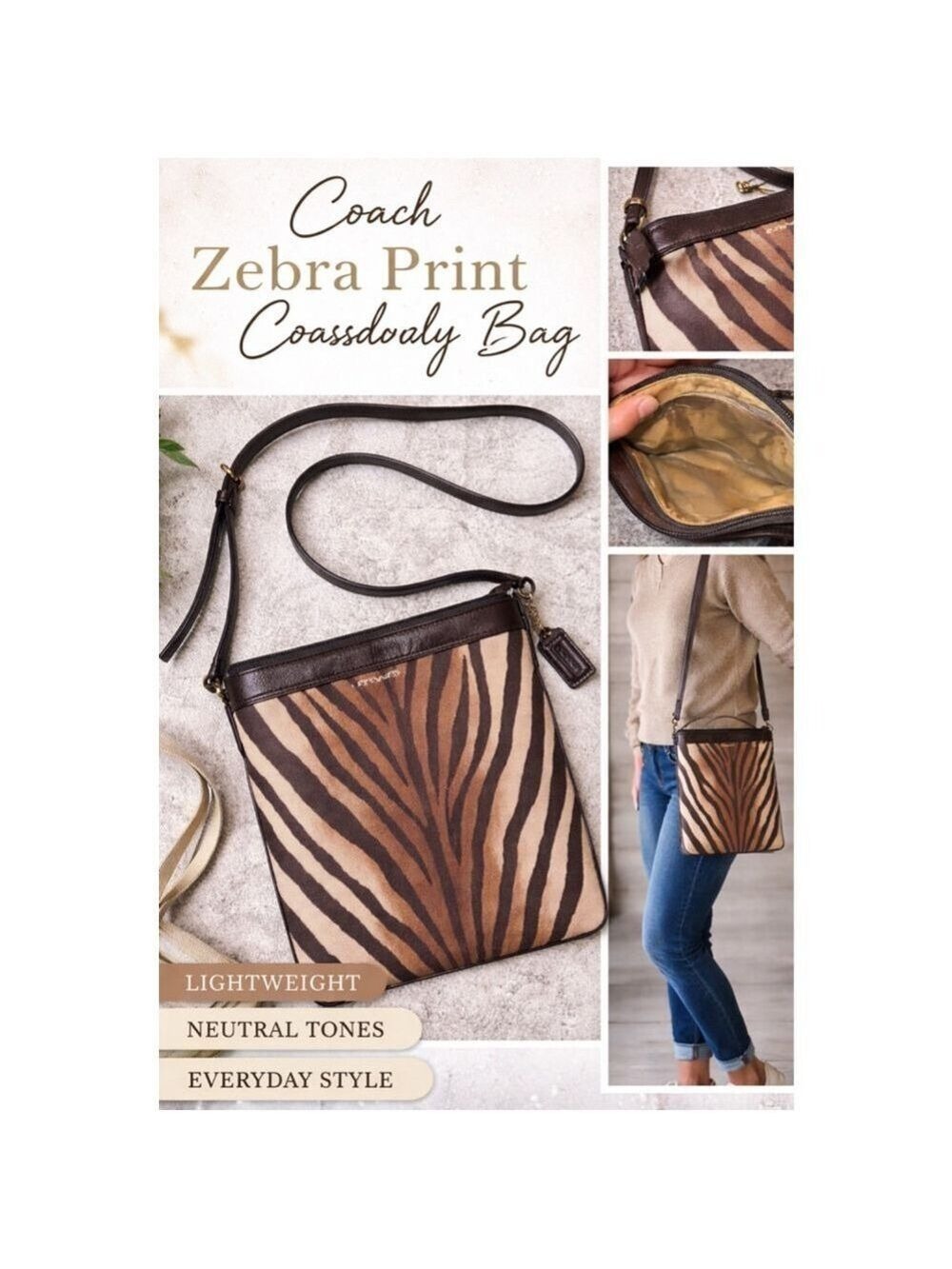 Coach Zebra Print Crossbody Bag Brown Tan Canvas Slim Shoulder Purse SKU 1841